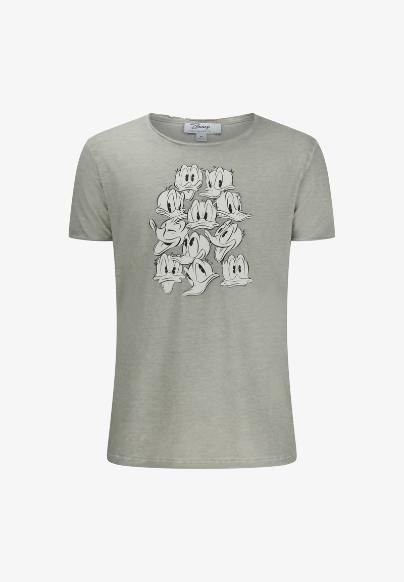 Helles graues T-Shirt mit einem Motiv aus mehreren Comic-Entengesichtern in schwarzen Konturen. Rundhalsausschnitt, kurze Ärmel und weicher Stoff.