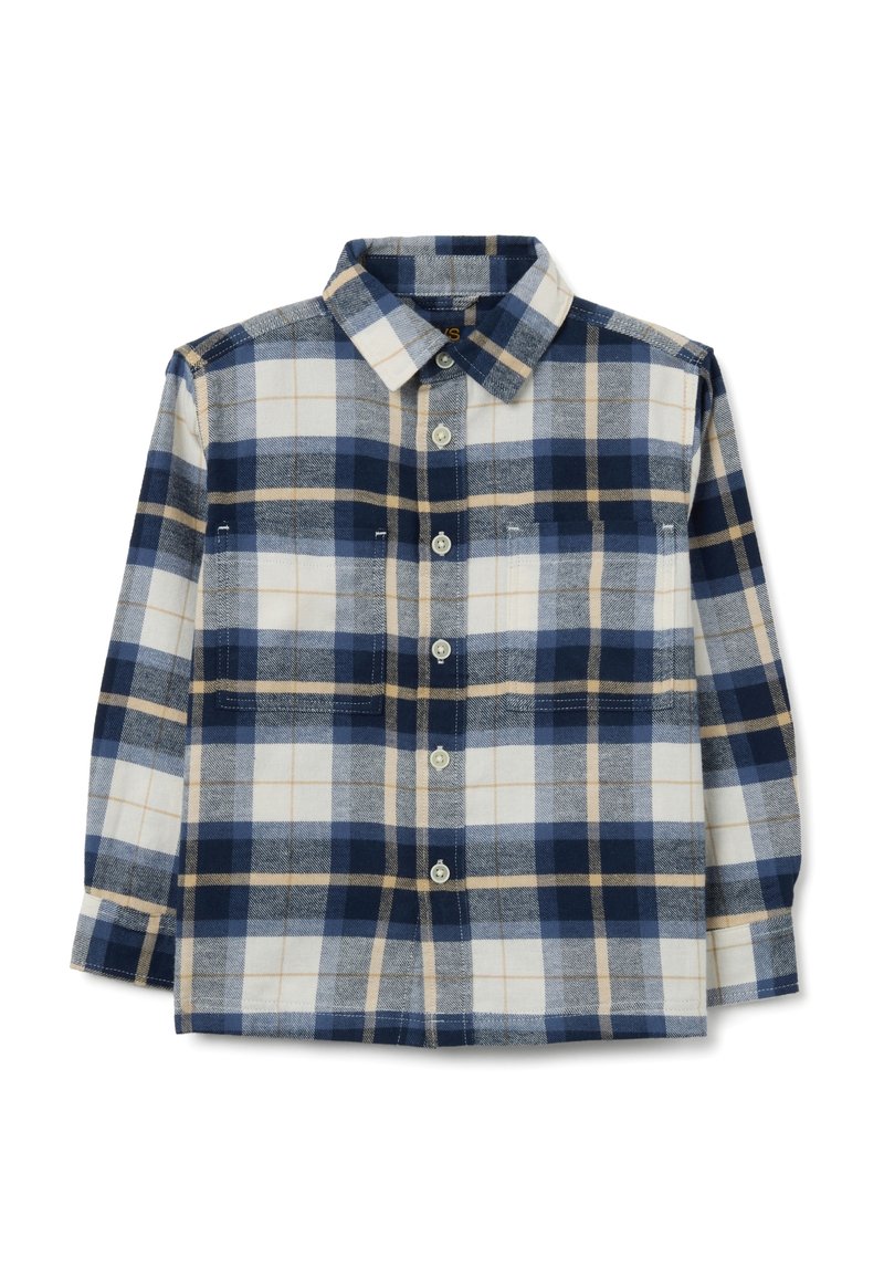 Camicia a quadri con bottoni nei colori navy, bianco e beige. Presenta un colletto, maniche lunghe e tasche frontali realizzate in un tessuto morbido e texturizzato.