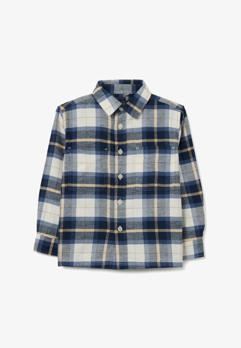 Camicia a quadri con bottoni nei colori navy, bianco e beige. Presenta un colletto, maniche lunghe e tasche frontali realizzate in un tessuto morbido e texturizzato.