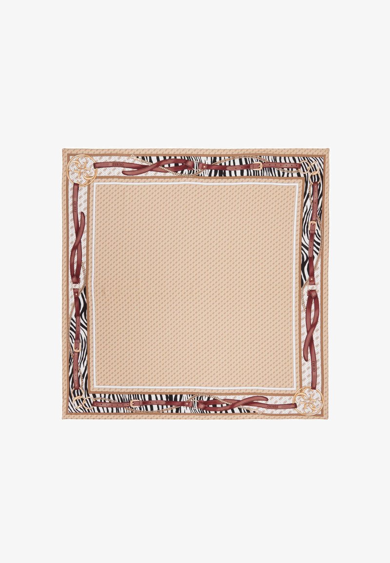 Sciarpa rettangolare beige con un motivo testurizzato, bordata da una stampa zebra e un design con cintura in pelle rossa. Presenta dettagli dorati.