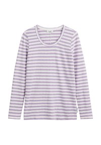 Langarmshirt mit Rundhalsausschnitt, aus leicht lila Baumwolle mit weißen horizontalen Streifen, ausgestattet mit einer weichen Textur und lässigem Design.