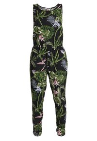 Mono negro con un patrón de hojas y flores tropicales, hecho de un tejido ligero, con una cintura elástica y diseño sin mangas.