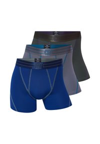 Three pairs of men's boxer briefs in blue, gray, and black, featuring a textured fabric and contrasting waistband with CR7 branding.