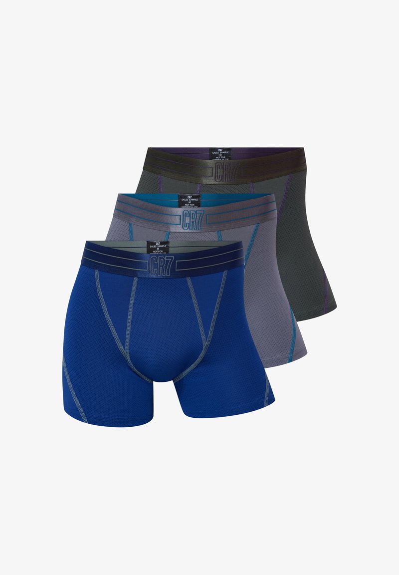 Three pairs of men's boxer briefs in blue, gray, and black, featuring a textured fabric and contrasting waistband with CR7 branding.
