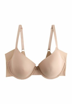 Beige polstret BH med bøjle, justerbare skulderstropper og glatte, sømløse skåle, designet til daglig brug.