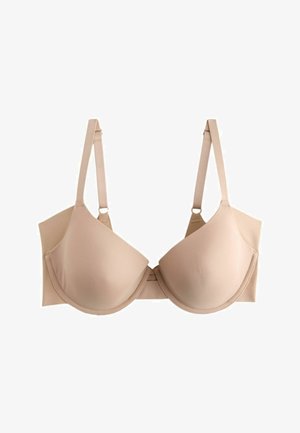 Beiger gepolsterter Bügel-BH mit verstellbaren Schulterträgern und glatten, nahtlosen Cups, für den täglichen Gebrauch entworfen.