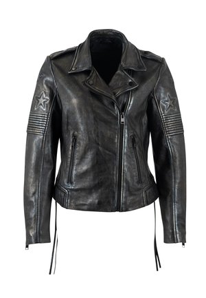 Veste de moto en cuir noir avec fermeture éclair, épaulettes, écussons en forme d'étoile, accents côtelés sur les manches et poches latérales.