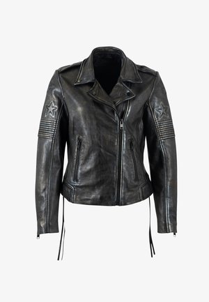 Schwarze Leder-Motorradjacke mit Reißverschluss, Schulterepauletten, Stern-Patches, gerippten Akzenten an den Ärmeln und Seitentaschen.