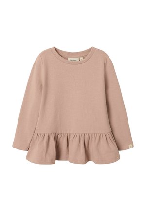 Haut à manches longues pour tout-petit de couleur rose poudré avec encolure ronde et détail volanté sur l’ourlet, en tissu doux texturé.