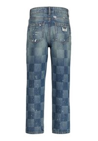 Jeans azzurri chiari con un motivo a scacchi; presentano macchie sbiadite, due tasche posteriori e un'etichetta sulla cintura. Design a gamba dritta.