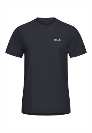 T-shirt in cotone blu navy con maniche corte e scollo rotondo. Presenta un piccolo logo bianco "Jack Wolfskin" sul petto.