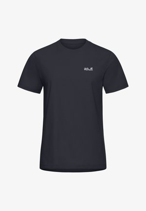 T-shirt in cotone blu navy con maniche corte e scollo rotondo. Presenta un piccolo logo bianco "Jack Wolfskin" sul petto.