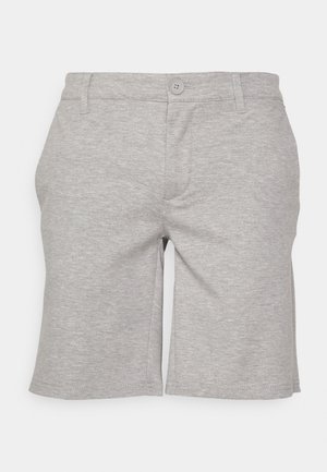 Szare bawełniane szorty o luźnym kroju, z zapięciem na guzik, przednimi kieszeniami z płaskim wykończeniem oraz przeszywanymi brzegami. Klasyczny, casualowy design.