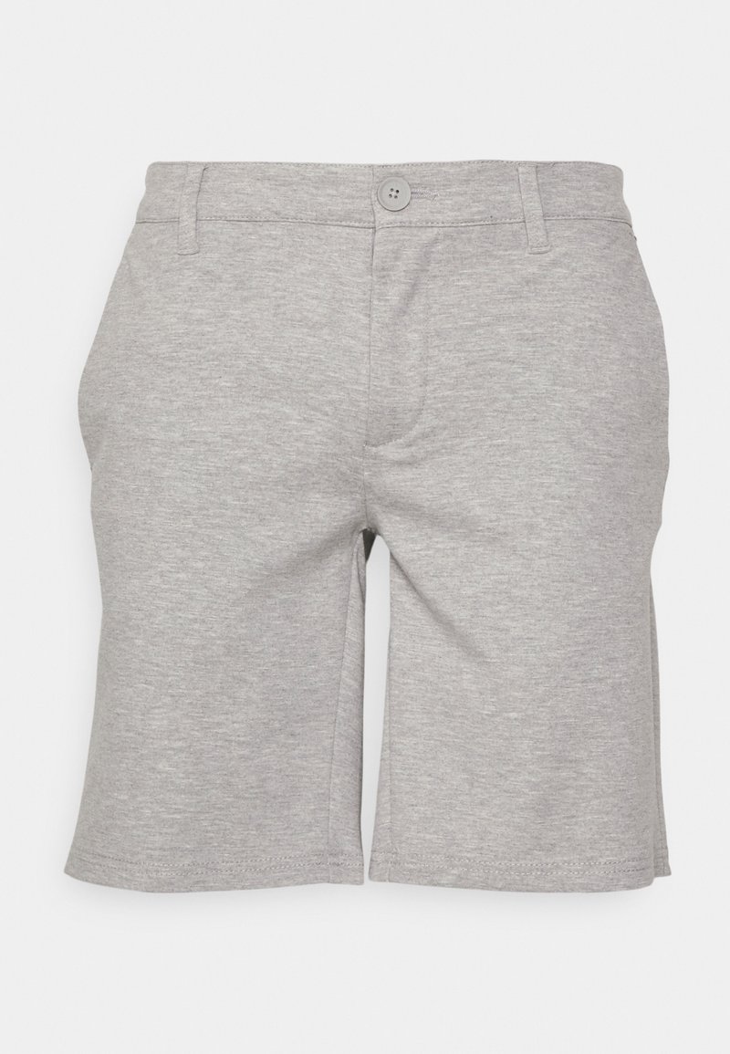 Shorts en coton gris à coupe décontractée, dotés d'une fermeture à bouton, de poches plates à l'avant et d'ourlets cousus. Design classique et décontracté.