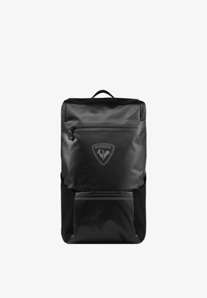 Black waterproof backpack with a smooth texture, featuring a zippered front pocket, side mesh pocket, and a logo in the center.