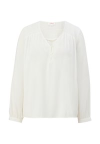 Blouse blanche à manches longues avec un décolleté en V et un rabat de boutons. Tissu texturé avec des détails froncés sur les épaules et des poignets froncés.