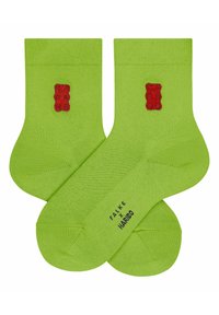 Grüne Baumwollmischung Knöchelsocken mit einer roten Gummibärchen-Stickerei an der Seite und bedrucktem Markenlogo auf der Sohle.