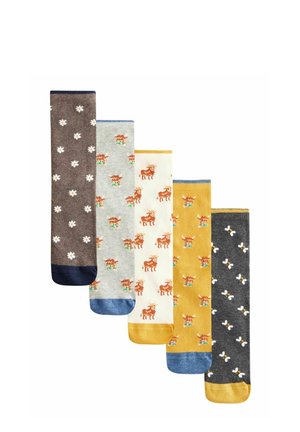 Five pairs of socks in various colors: brown with daisies, gray with deer, cream with deer, mustard with deer, and dark gray with bees.