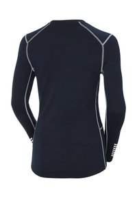 Długo rękawowy top sportowy w kolorze granatowym, o dopasowanym kroju, z kontrastującymi jasnoszarymi szwami i paskowanymi akcentami na mankietach.