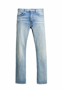 Hellblaue Denim-Jeans mit geradem Bein, ausgewaschenen Stellen, fünf Taschen und einem Knopfverschluss.