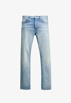 Hellblaue Denim-Jeans mit geradem Bein, ausgewaschenen Stellen, fünf Taschen und einem Knopfverschluss.