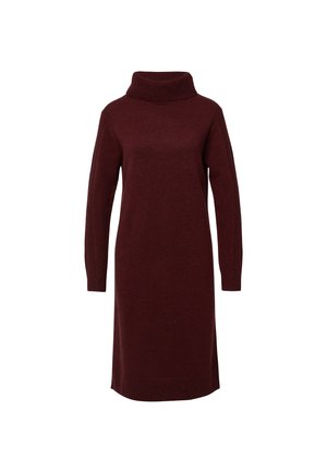 Brede jurk in donker bordeaux met een hoge col, lange mouwen en ribbelboorden aan de manchetten en zoom. Eenvoudige, rechte silhouet zonder patronen.