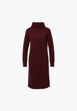 Robe en tricot couleur bordeaux foncé avec un col roulé haut, des manches longues et des poignets et un ourlet côtelés. Silhouette simple et droite sans motifs.