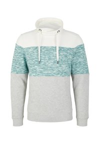 Felpa con cappuccio con una parte superiore bianca, un centro in tessuto testurizzato color teal e una parte inferiore grigia. Presenta lacci e polsini a coste.