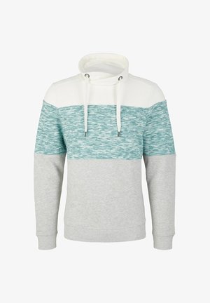 Hættebluse med en hvid øverste sektion, teal tekstureret midte og grå nederste sektion. Har snoretræk og ribbede manchetter.