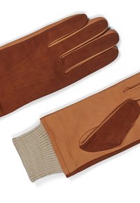 Gants en cuir marron avec un mélange de texture en suède et lisse, dotés d'un poignet en tricot, de coutures subtiles et d'un renfort au pouce pour une meilleure prise.