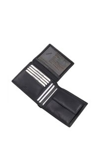 Portefeuille en cuir noir avec un design pliable, plusieurs emplacements pour cartes, une fenêtre ID transparente et une poche à pièces zippée. Texture lisse.