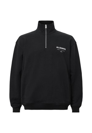 Black sweatshirt with a high collar and half zipper, featuring white printed text on the left chest. Made of cotton, soft texture.
