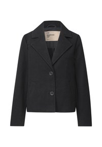 Black wool-blend jacket with notched lapels, single button closure, two front pockets, and a smooth texture. Available in a tailored fit.