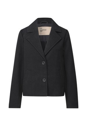 Veste en mélange de laine noire avec des revers crantés, fermeture à un bouton, deux poches avant et une texture lisse. Disponible dans une coupe ajustée.