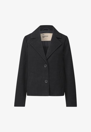 Chaqueta de mezcla de lana negra con solapas de muesca, cierre de un solo botón, dos bolsillos frontales y una textura suave. Disponible en un ajuste entallado.