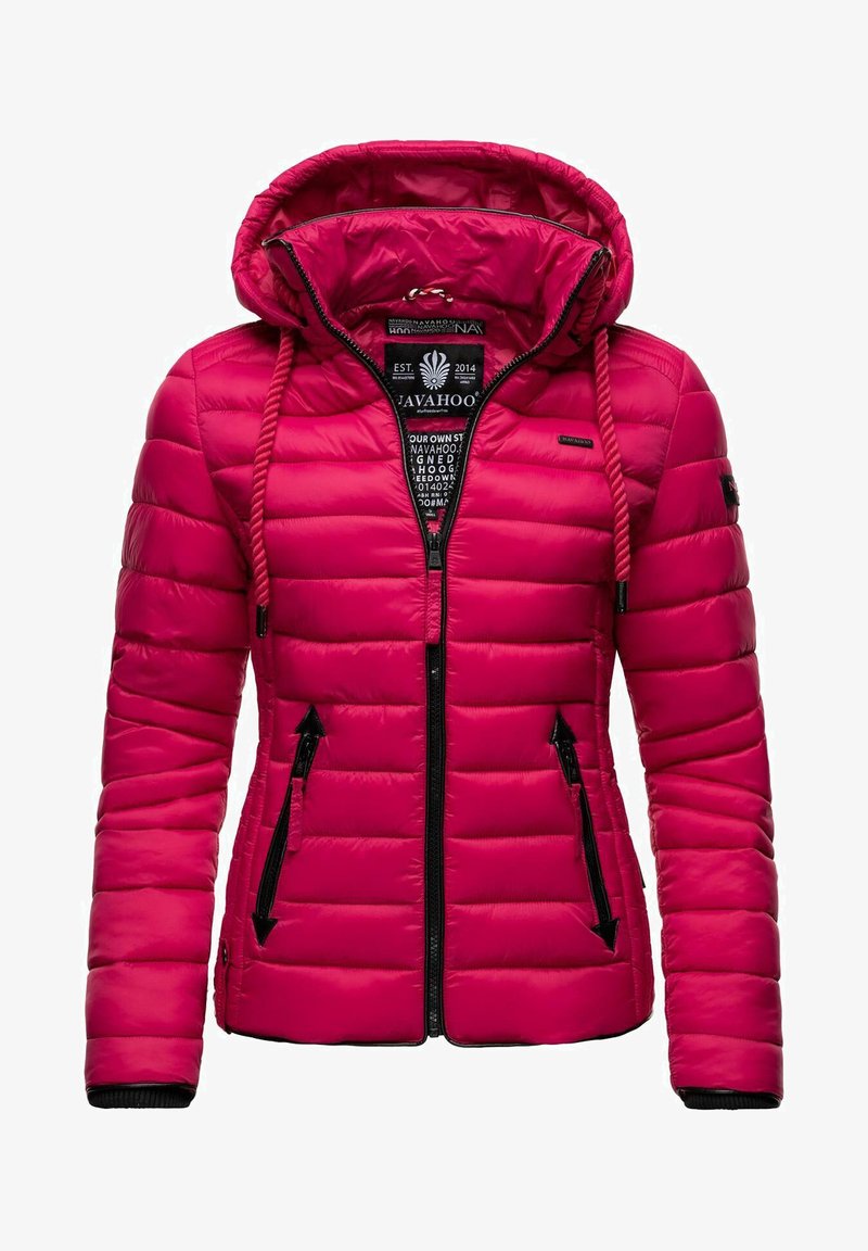 Pink padded jacket with a detachable hood, front zipper, two zippered pockets, and drawstrings. Quilted texture with black accents.