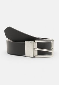 Black leather belt featuring a rectangular silver metal buckle, flat shape, smooth texture, and minimalist design.