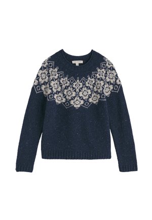 Navy plavi pleteni džemper s bijelim cvjetnim uzorkom na izrezu, dugim rukavima i rebrastim rubom. Teksturirana tkanina s mrljama.