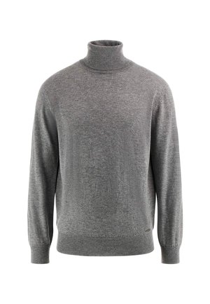 Grå højhalset sweater lavet af fint strikket materiale, med lange ærmer, ribbede manchetter og en diskret tekstureret finish.
