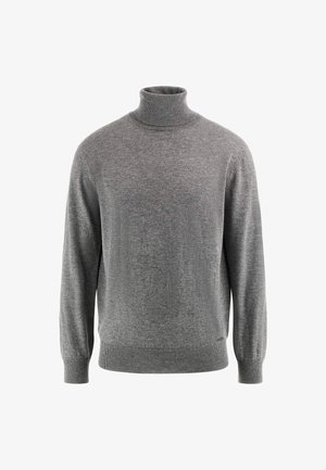 Grauer Rollkragenpullover aus feinem Strickmaterial, mit langen Ärmeln, gerippten Bündchen und einer dezenten strukturierten Oberfläche.