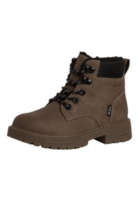 Bottines marron en matériau synthétique avec un bout renforcé, des accents noirs et une semelle texturée. Comprend des œillets pour les lacets et une doublure isolante.