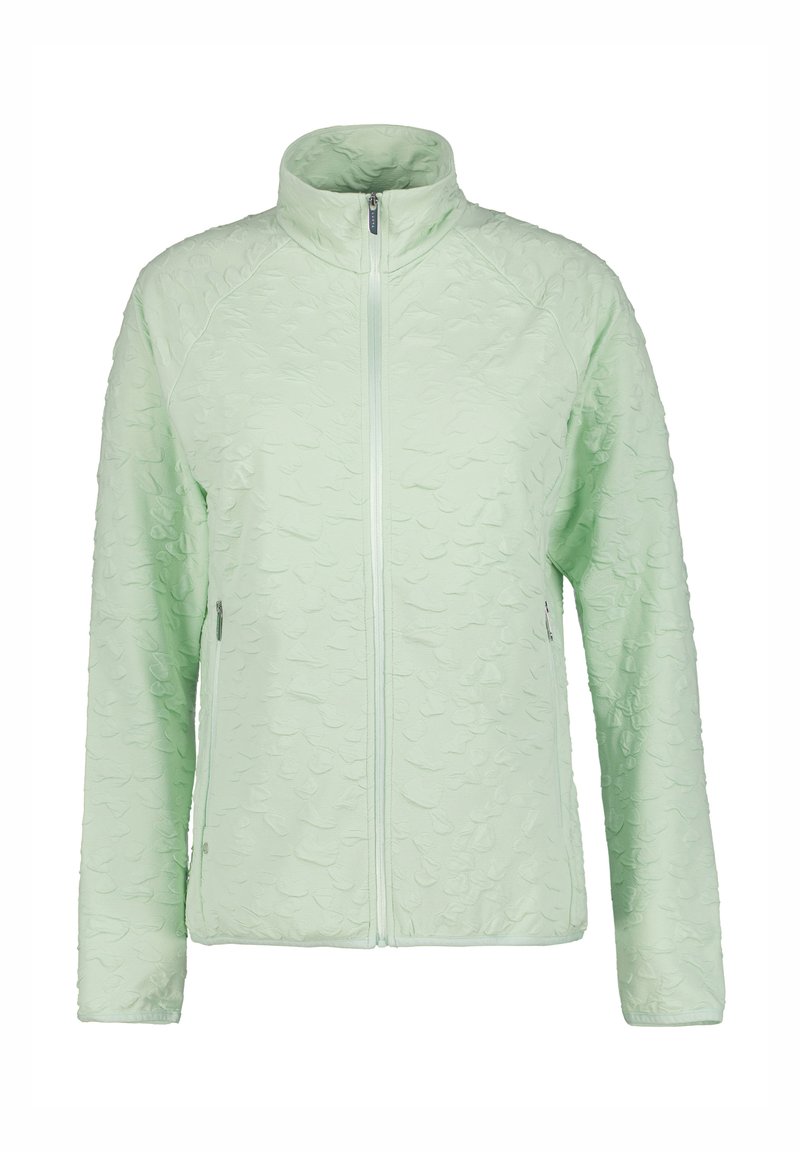 Veste texturée vert clair avec un col montant, fermeture éclair avant intégrale et deux poches latérales. Le matériau présente un motif en relief et est léger.
