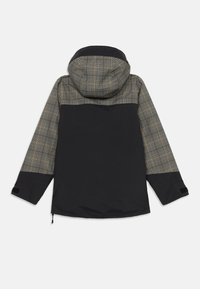 Veste imperméable avec un bas noir, un haut à motifs gris et jaune, une capuche et des poignets ajustables. Texture lisse dans l'ensemble.