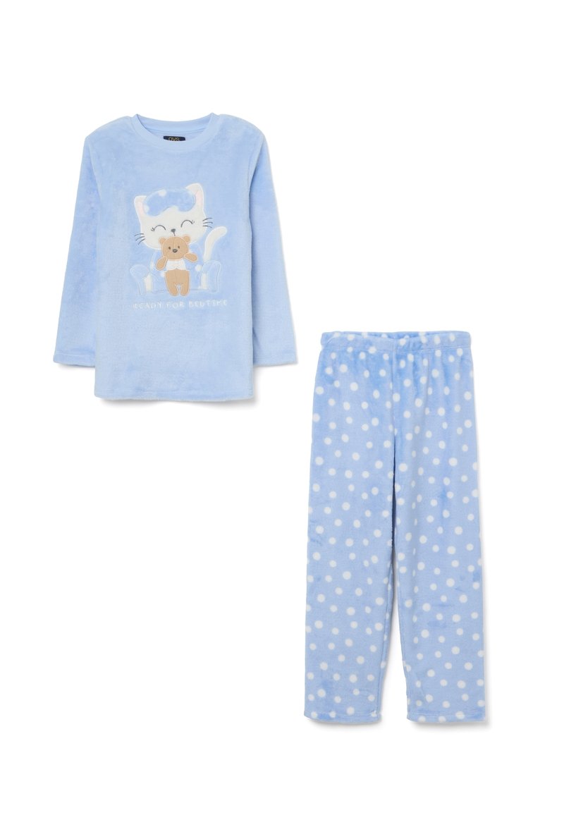 Un ensemble de pyjama bleu clair comprenant un haut à manches longues avec un design de chat et un pantalon à pois assorti, le tout en tissu doux.