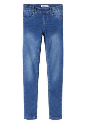 Blauwe slim-fit spijkerbroek met voor- en achterzakken, lussen voor een riem en lichte vervaging op de dijen en knieën.