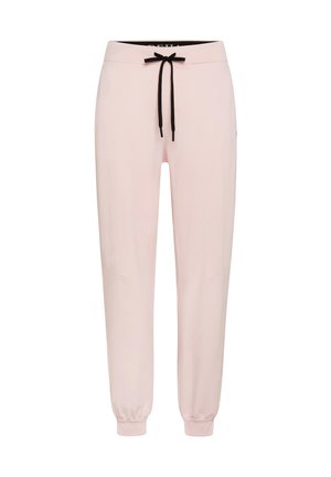 Pantaloni della tuta rosa chiaro con coulisse nera, polsini elasticizzati e tasche laterali. Realizzati in materiale morbido con un design a vestibilità rilassata.