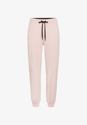 Pantaloni della tuta rosa chiaro con coulisse nera, polsini elasticizzati e tasche laterali. Realizzati in materiale morbido con un design a vestibilità rilassata.