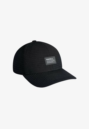 Black textured baseball cap with curved brim and rectangular patch reading "REELL Established 1997" on front panel.