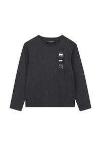 Donkergrijze long-sleeve shirt van zacht materiaal met witte grafische ontwerpen van gezichten met accessoires op de voorkant. Ronde hals en een relaxte pasvorm.