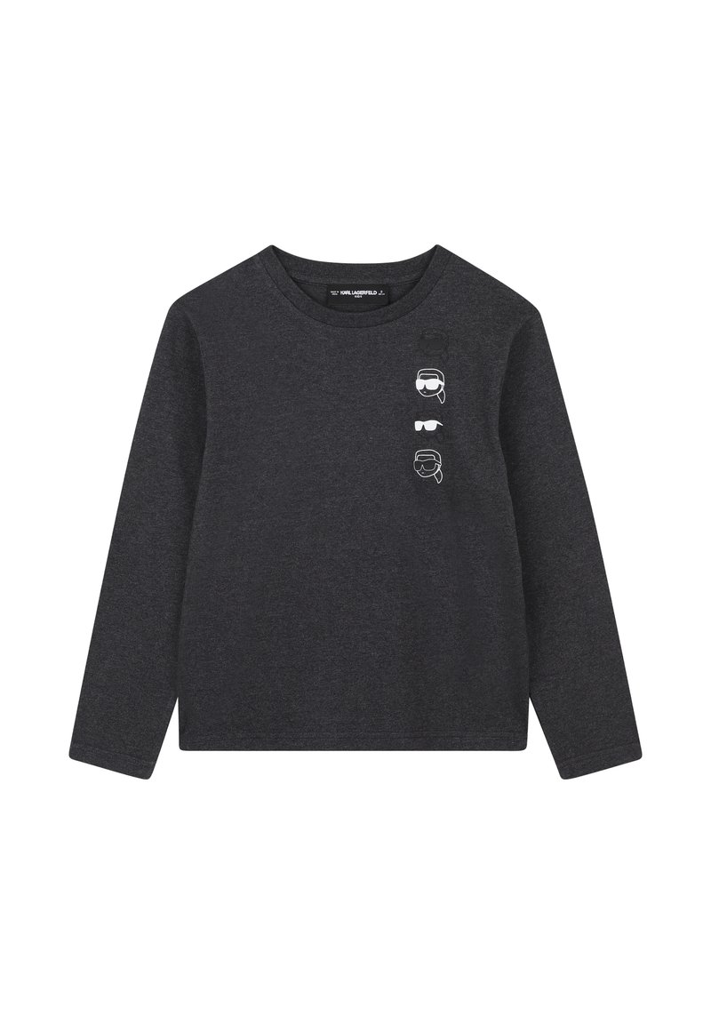 Donkergrijze long-sleeve shirt van zacht materiaal met witte grafische ontwerpen van gezichten met accessoires op de voorkant. Ronde hals en een relaxte pasvorm.